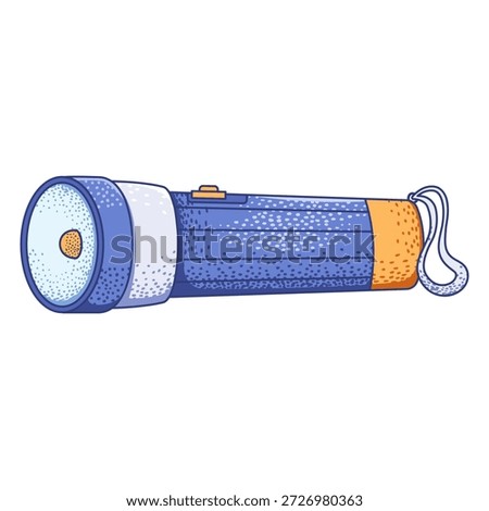 vector illustration of a handheld flashlight with yellow accents, featuring a on off button, lens, and a looped strap. Ideal for camping and emergency