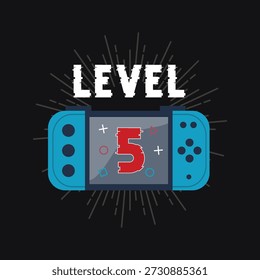Vector illustration of a handheld gaming console with a "Level 5" glitch text effect on a dark background.