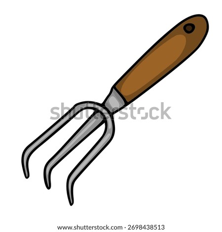 A vector illustration of a hand-held garden cultivator with a brown wooden handle and three curved metal tines, isolated on a white background.