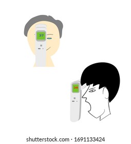 Vector illustration of handheld thermometer on people’s foreheads one says 37 other says 38 concept of testing body temperature for possibility of contracting coronavirus covid-19 on white background 