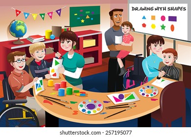 A vector illustration of handicapped students in a classroom 