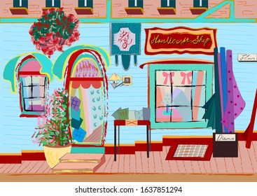 [Vector] illustration of a handicraft shop (hand painting style)