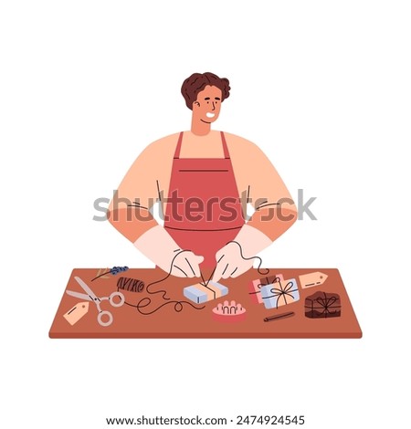 Vector illustration of handicraft soap making and packaging. The photo shows a man packaging natural soap for hygiene. Presented in cartoon flat style on an isolated background.