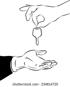 Vector illustration of handing over the key in line art mode