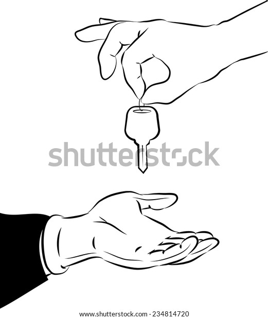 Vector illustration of handing over the key in line\
art mode