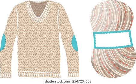 Vector illustration of a hand-knitted beige wool sweater and a ball of wool with a tag, a drawing of winter clothing that keeps you warm.