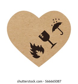 Vector illustration of handle with care symbols on craft paper or cardboard heart, valentine card, brown sticker isolated on white