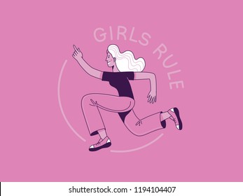 Vector illustration with hand-lettering phrase - girl power and feminist movement - concept for prints, t-shirts, cards - happy woman running - girls rule