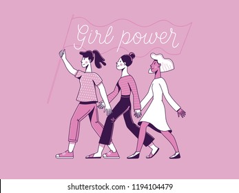 Vector Illustration With Hand-lettering Phrase - Girl Power And Feminist Movement - Concept For Prints, T-shirts, Cards - Happy Women With Banner 