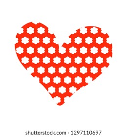 Vector illustration of hand-made, artistic depicting a red heart made of white flowers on a white background. Cute illustrations, Valentine's day greeting card design template.
