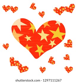 Vector illustration of handmade, artistic depicting a red heart made of yellow stars and small hearts on a white background. Cute illustrations, Valentine's day greeting card design template.