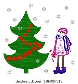 Vector illustration of a handmade, artistic Happy New Year, a green Christmas tree with red garlands and a little girl on a white background. Cute design New Year greeting card.