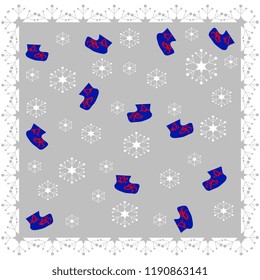 Vector illustration of a handmade, artistic Happy New Year, colorful blue boots with a red bow and gray snowflakes on a white background. Cute design New Year greeting card.