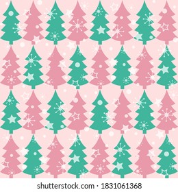 
Vector illustration of handmade, artistic with icons of pink and turquoise Christmas trees with white snowflakes, stars, snowfall on a pinkish background. Festive surface design, greeting card.