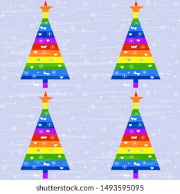 Vector illustration of hand-made, artistic with rainbow Christmas tree and white hearts, snowflakes on a gentle violet textured background. Holiday design greeting card.