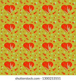 Vector illustration of handmade, artistic red hearts with floral colorful pattern on yellow background. Cute design for Valentine's Day greeting card.
