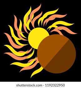 Vector illustration of a handmade, artistic with the sun yellow red rays and a planet on a black background. Beautiful tile, wrap, cover, textiles, postcard, wallpaper design.