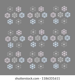 Vector illustration of a handmade, artistic with white, gray, blue, pink, snowflakes on a gray background. Cute Christmas card design.