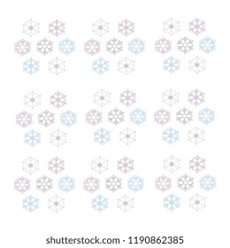 Vector illustration of a handmade, artistic with white, gray, blue, pink, snowflakes on a white background. Cute design Christmas card.
