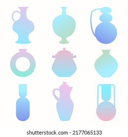 Vector illustration handmade ceramic or glass pots vases, jugs, jars. Simple pots set with gradient. Pottery logo design elements. Modern vase design