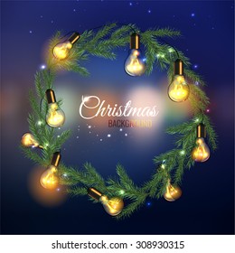 Vector illustration of handmade christmas tree garland on a dark night bokeh background with blurred lights. Beautiful decorative backdrop for New Year postcards, posters, prints and invitations.