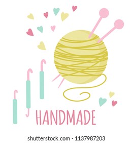 Vector illustration for handmade. Cute arn ball and crochet, knitting stuff. Set for needlework. Logo elements for handmade, craft, atelier. EPS 10
