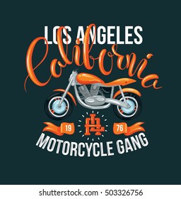 vector illustration. handmade design graphics. handmade lettering. Vector t-shirt design for print. Club motorcycle rider. California Los Angeles