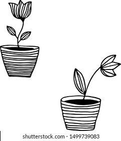 vector illustration of a hand-made drawing. Simple primitive flower in pot. Lines, strokes, Doodle style. Cut coloring book.
