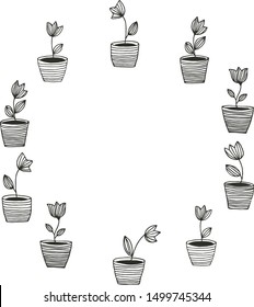 vector illustration of a hand-made drawing. Simple primitive flower in pot. Lines, strokes, Doodle style. Frame, border for notes, ads and other information.