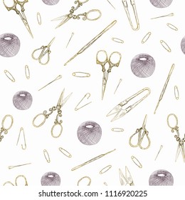 Vector illustration .Handmade equipment, knitting and crochet . Hand drawn objects. Element of seamless pattern.