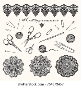 Vector illustration. Handmade equipment, knitting, crochet and lace . Hand drawn design elements.