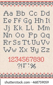 Vector illustration Handmade knitted abstract background pattern with alphabet, uppercase and lowercase letters, numbers, punctuation marks, scandinavian ornaments. White, red, blue colors. Flat style
