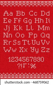 Vector illustration Handmade knitted abstract background pattern with alphabet, uppercase and lowercase letters, numbers, punctuation marks, scandinavian ornaments. White, red colors. Flat style