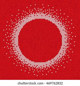 Vector illustration Handmade knitted abstract background red pattern with white round frame