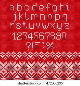 Vector illustration Handmade knitted abstract background pattern with alphabet, lowercase letters, numbers, punctuation marks, scandinavian ornaments. White, red colors. Flat style