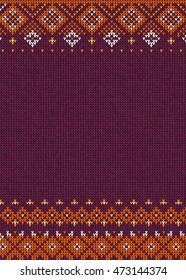 Vector illustration Handmade knitted abstract background pattern with scandinavian ornaments. Orange, purple, white colors. Flat style. Greeting Card, poster, banner, invitation template