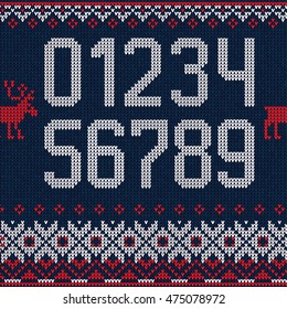 Vector illustration Handmade knitted abstract background pattern with scandinavian ornaments and set of figures. White, red, blue colors. Flat style. 