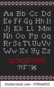 Vector illustration Handmade knitted abstract background pattern alphabet, uppercase lowercase letters, numbers, punctuation marks, scandinavian ornaments. White, red, black, grey colors. Flat style