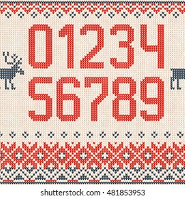 Vector illustration Handmade knitted abstract background pattern with scandinavian ornaments and set of figures. White, red, blue colors. Flat style. 