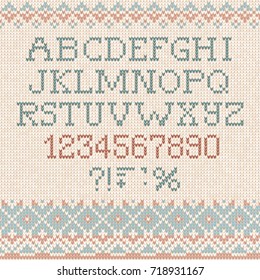 Vector illustration Handmade knitted abstract background pattern with font alphabet abc letters, numbers, punctuation marks, scandinavian ornaments sweater. White, beige, brown, blue color. Flat style