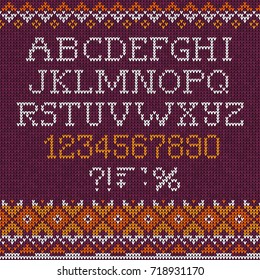 Vector illustration Handmade knitted abstract background pattern with font alphabet abc letters, numbers, punctuation marks, scandinavian ornaments sweater. White, beige, brown, blue color. Flat style