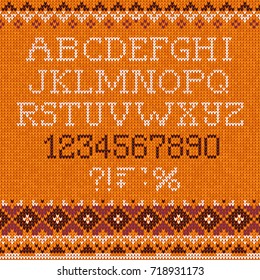 Vector illustration Handmade knitted abstract background pattern with font alphabet abc letters, numbers, punctuation marks, scandinavian ornaments sweater. White, beige, brown, blue color. Flat style