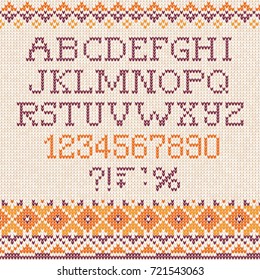 Vector illustration Handmade knitted abstract background pattern with font alphabet abc letters, numbers, punctuation marks, scandinavian ornaments sweater. White, beige, brown, blue color. Flat style
