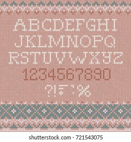 Vector illustration Handmade knitted abstract background pattern with font alphabet abc letters, numbers, punctuation marks, scandinavian ornaments sweater. White, beige, brown, blue color. Flat style
