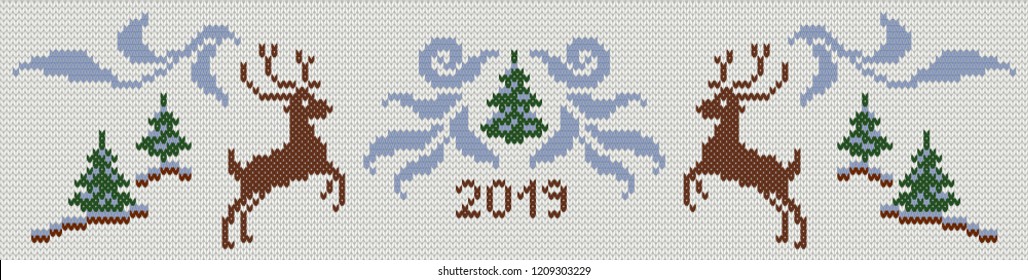 Vector illustration of handmade knitted background with deers, christmas trees, scandinavian decoration, new year