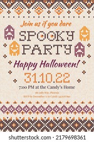 Vector illustration Handmade knitted background pattern Halloween Party Invitation with scandinavian ornaments. White, orange, purple colors. Flat style