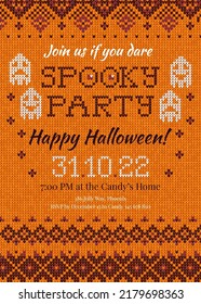 Vector illustration Handmade knitted background pattern Halloween Party Invitation with scandinavian ornaments. White, orange, purple colors. Flat style