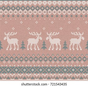 Vector illustration Handmade knitted background pattern with reindeers, mooses, fir christmas trees, snowflake. Scandinavian ornaments hipster ugly sweater. White, beige, brown, blue color. Flat style