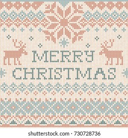 Vector illustration Handmade knitted background pattern with Merry Christmas, reindeers and snowflakes, scandinavian ornaments hipster ugly sweater. White, beige, brown, blue color. Flat style