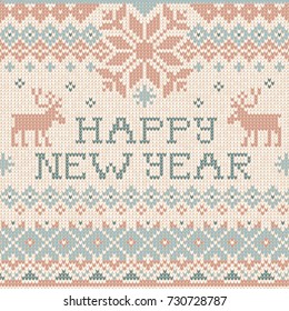 Vector illustration Handmade knitted background pattern with Merry Christmas, reindeers and snowflakes, scandinavian ornaments hipster ugly sweater. White, beige, brown, blue color. Flat style